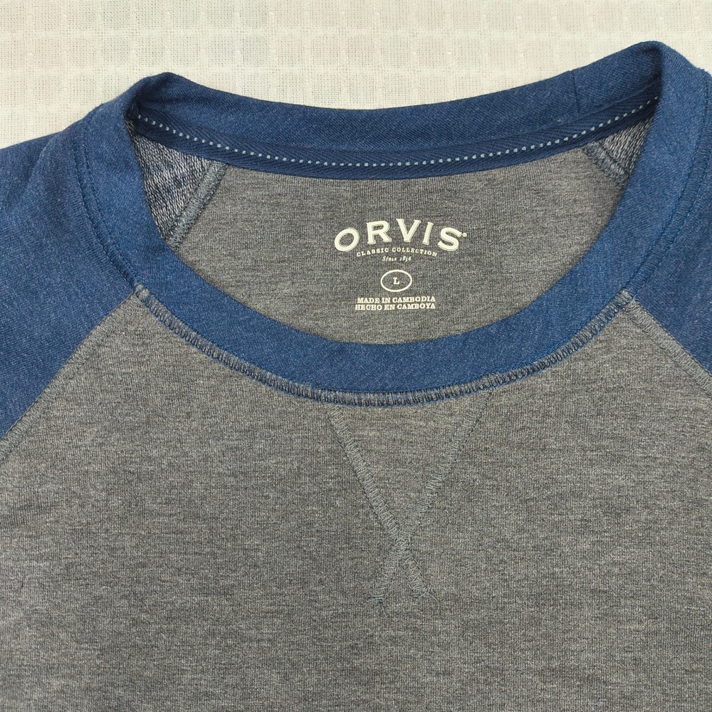 Orvis Mens Large Gray Blue Raglan Long Sleeve Crew Neck T-Shirt 1225440 Stretch - Picture 9 of 11